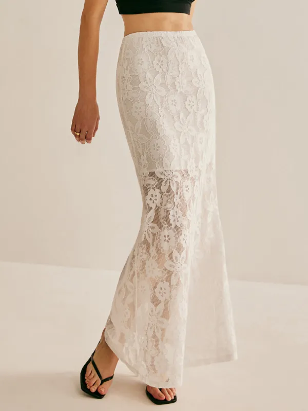 Elastic Waist Lace Sheer Skirt sold by COMMENSE