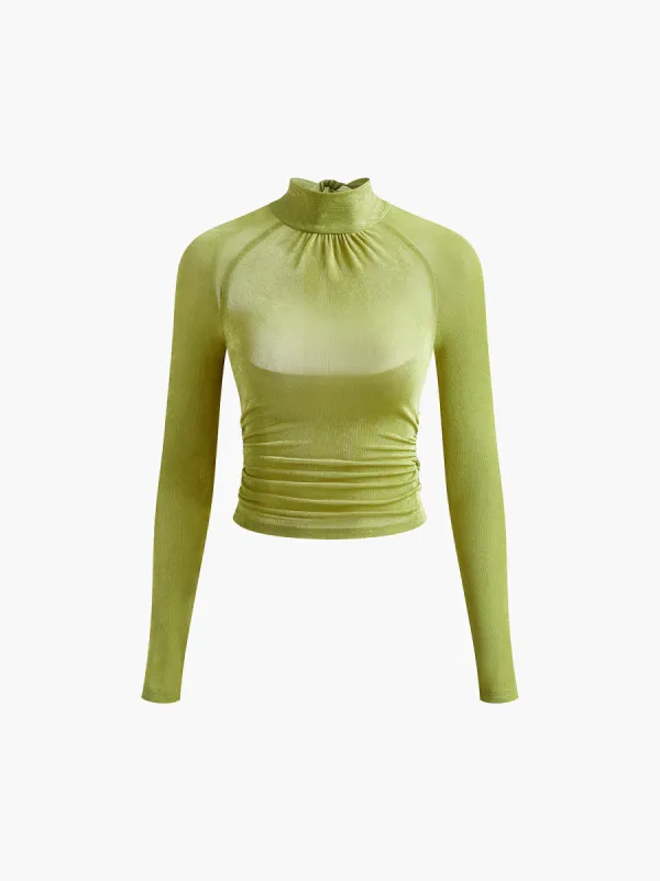 Mock Neck Pleated Backless T-Shirt sold by COMMENSE