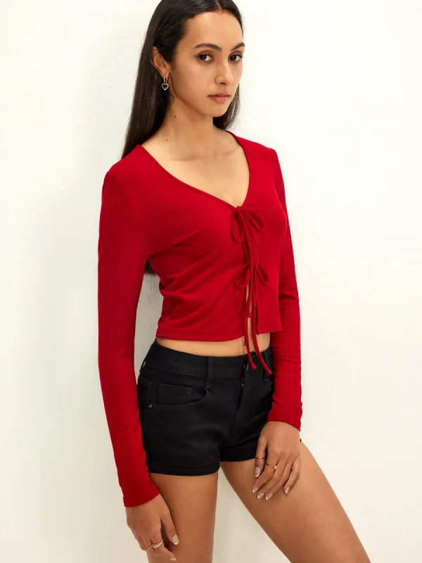 Pure Cotton Ribbed Tie Front Blouse sold by COMMENSE