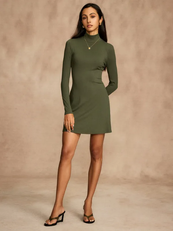 Ribbed Stand Collar Long Sleeve Short Dress sold by COMMENSE