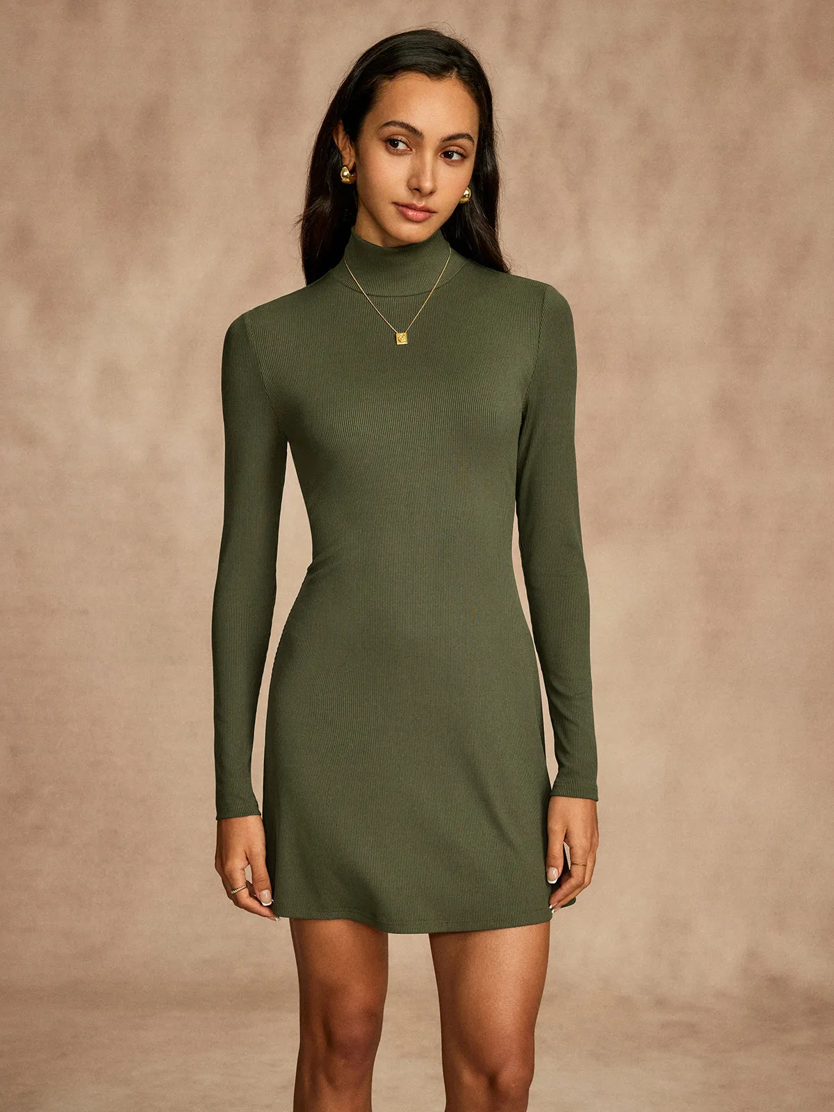 Ribbed Stand Collar Long Sleeve Short Dress sold by COMMENSE product image thumbnail 2