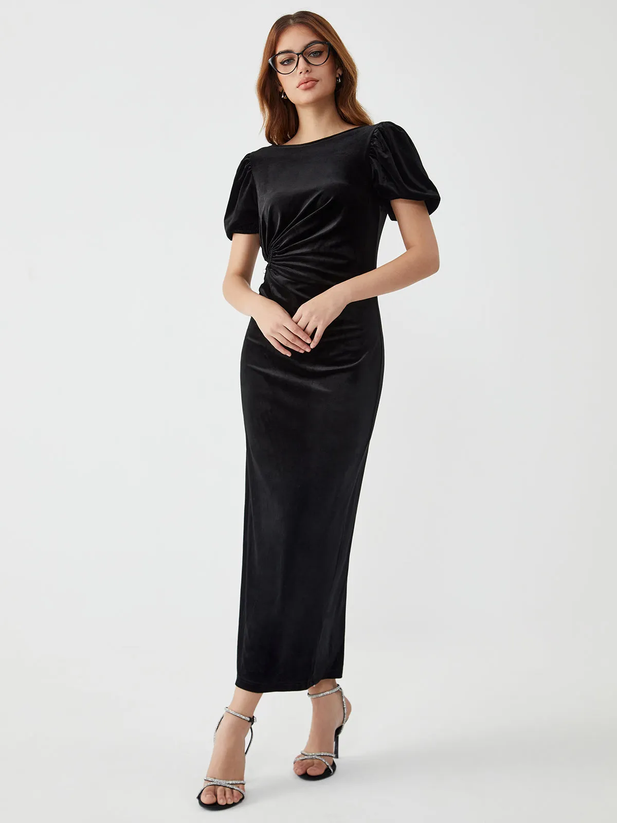 Cutout Pleated Waist Puff Sleeve Long Dress sold by COMMENSE product image thumbnail 3