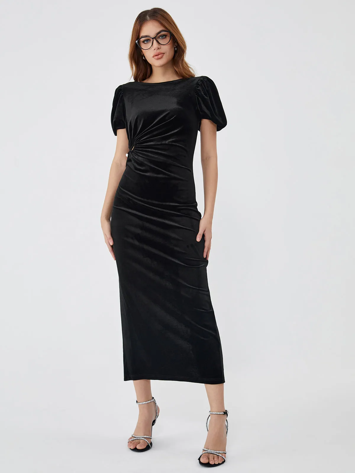 Cutout Pleated Waist Puff Sleeve Long Dress sold by COMMENSE product image thumbnail 4