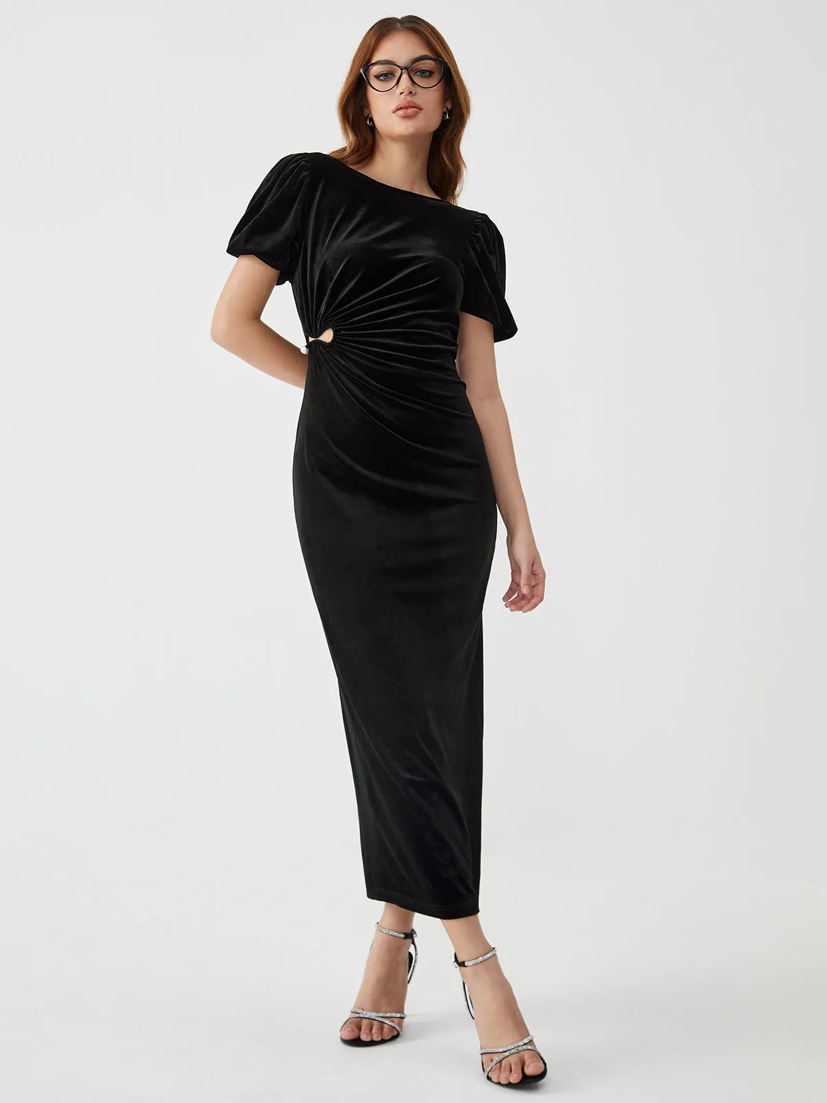 Cutout Pleated Waist Puff Sleeve Long Dress sold by COMMENSE