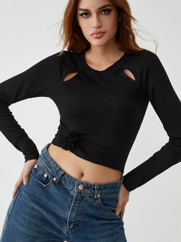 Solid Cut Out Long Sleeve Top sold by COMMENSE