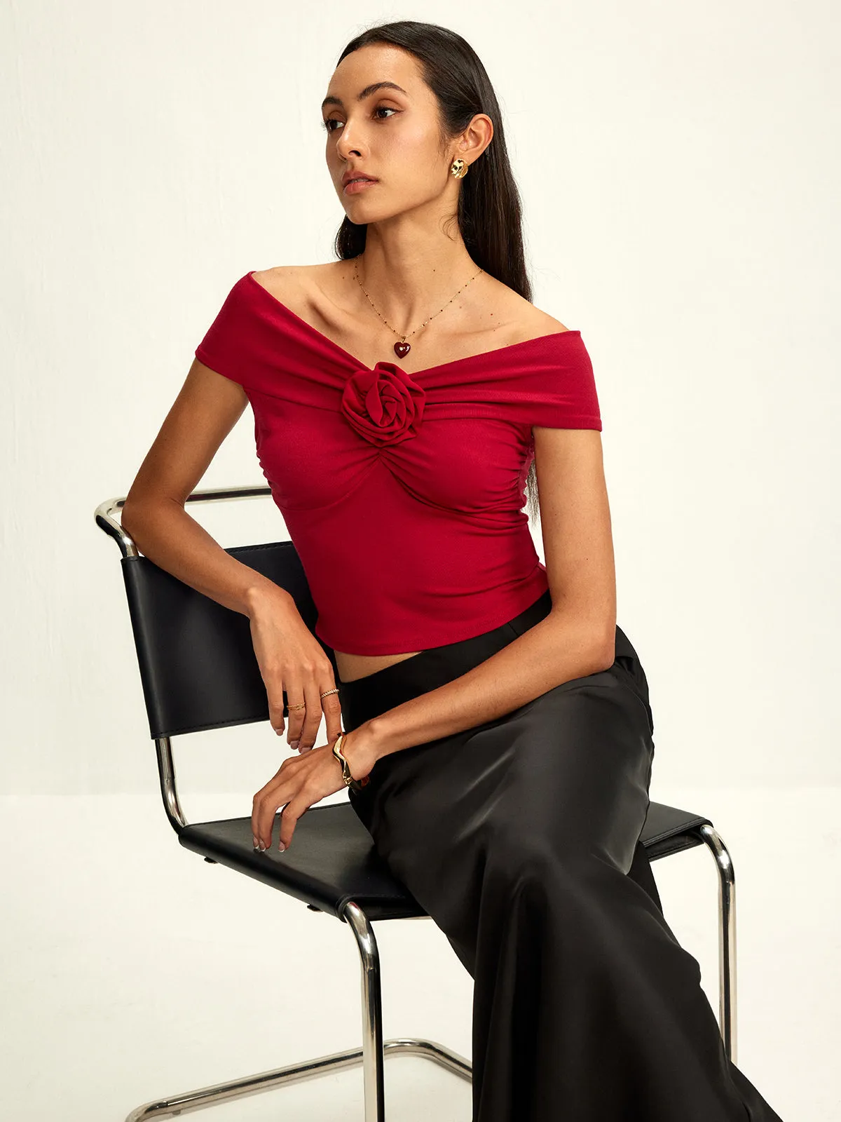 Off Shoulder 3D Flower Pleated Top sold by COMMENSE product image thumbnail 5