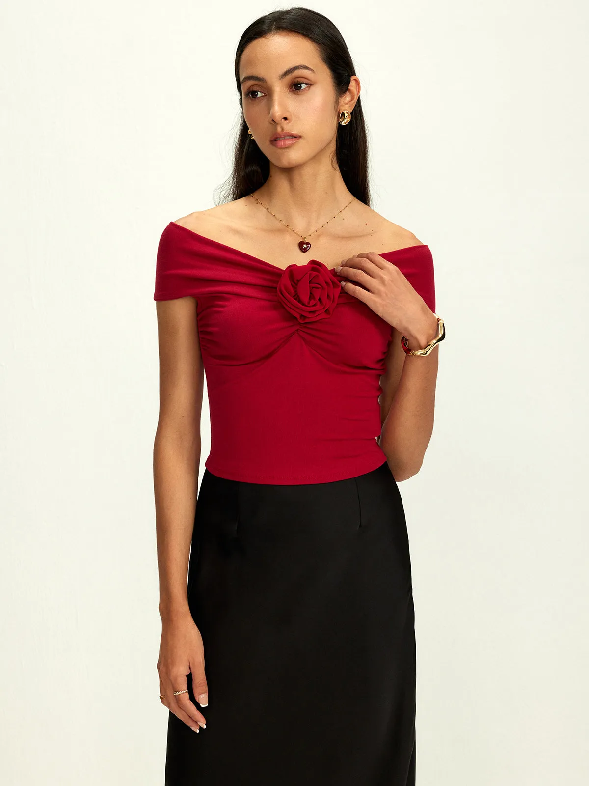 Off Shoulder 3D Flower Pleated Top sold by COMMENSE product image thumbnail 2