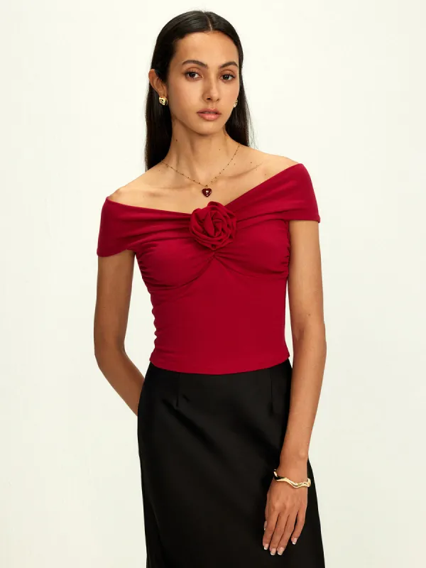 Off Shoulder 3D Flower Pleated Top sold by COMMENSE