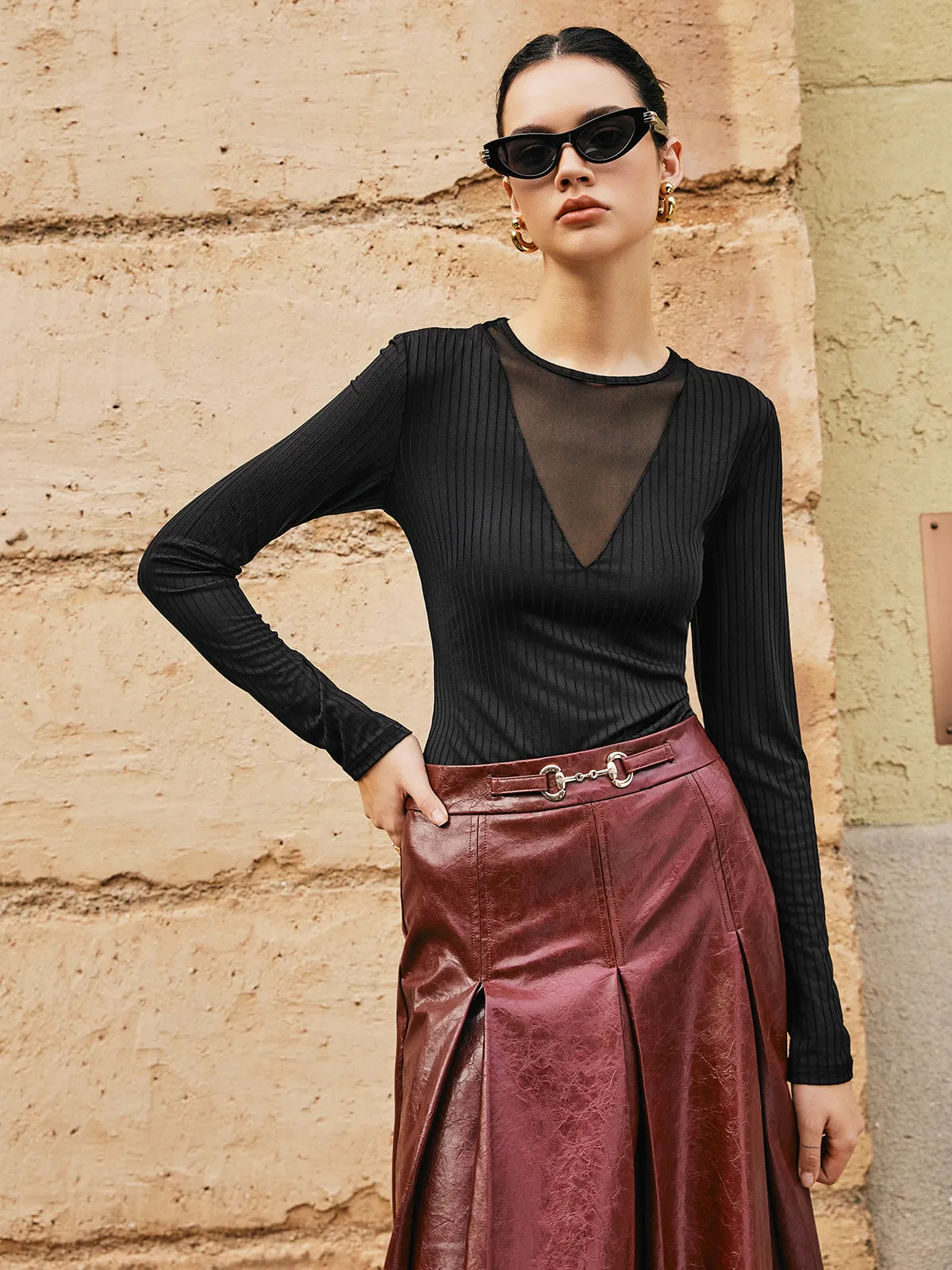 Ribbed Panel Sheer Blouse sold by COMMENSE product image thumbnail 4