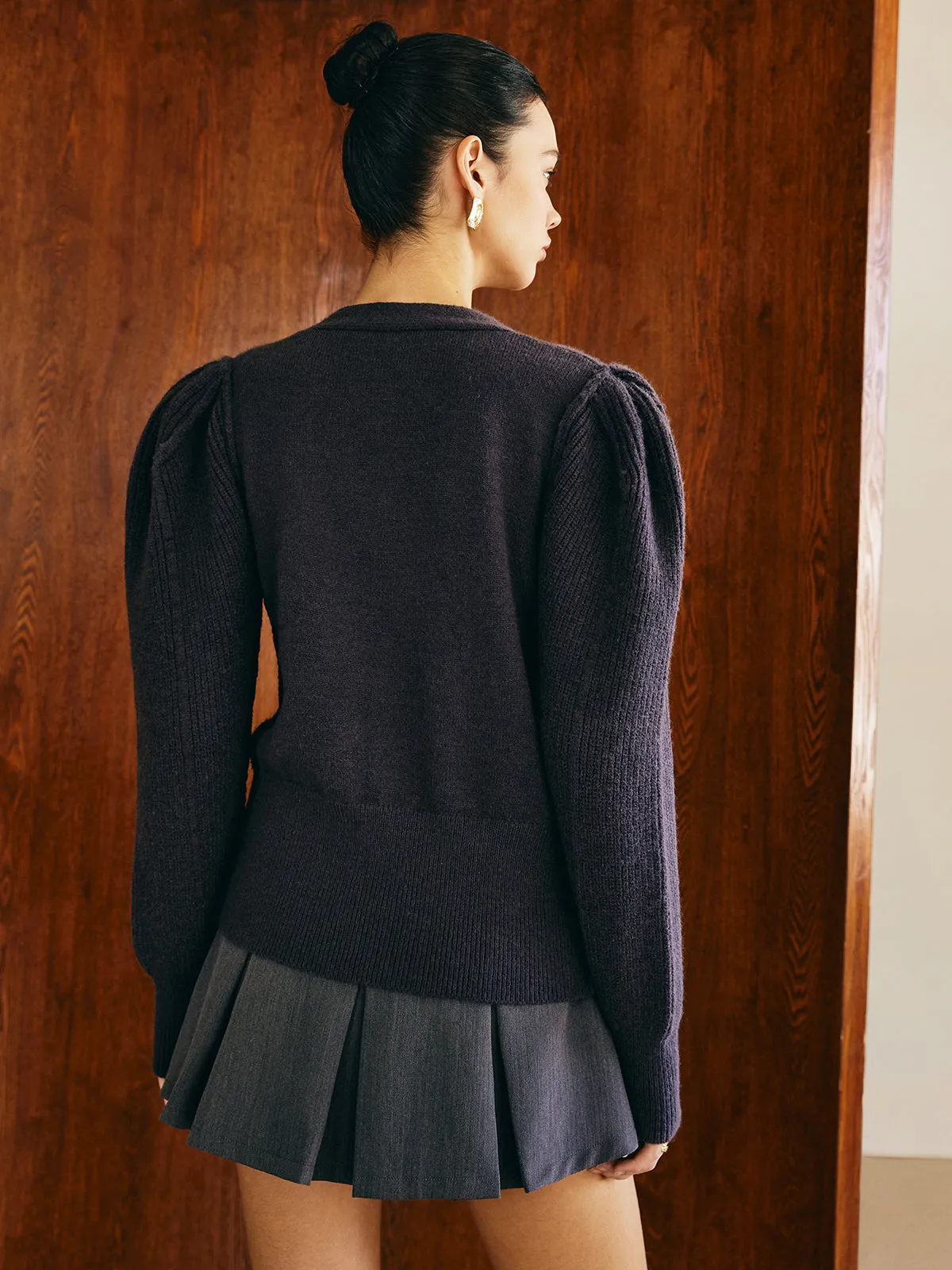 V-Neck Puff-Sleeve Cardigan sold by COMMENSE product image thumbnail 5