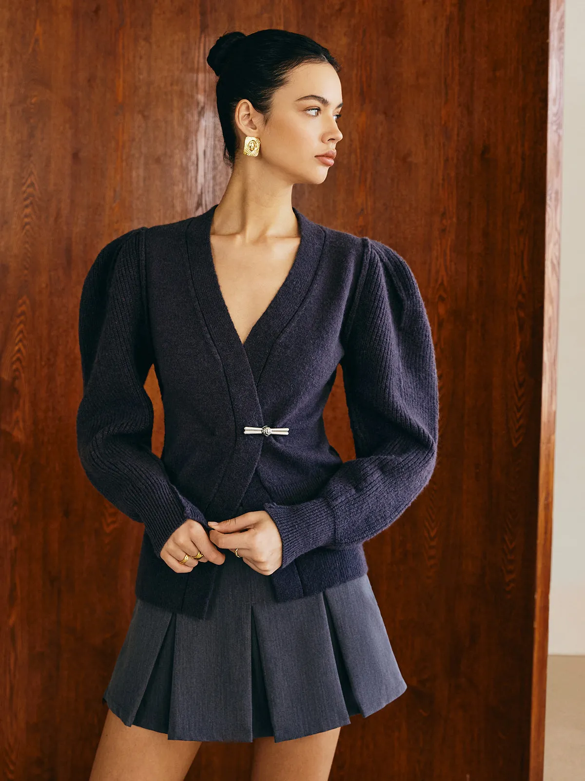 V-Neck Puff-Sleeve Cardigan sold by COMMENSE