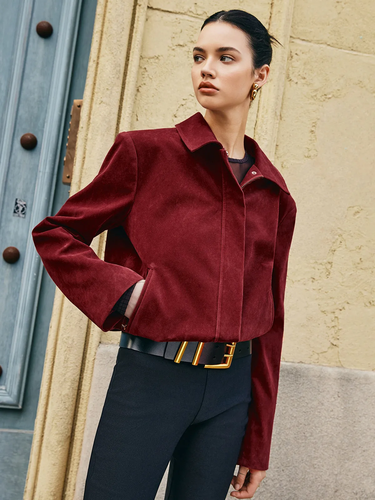 Zipper-Pockets Lapel Suede Effect Jacket sold by COMMENSE product image thumbnail 3