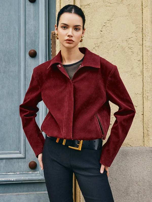 Zipper-Pockets Lapel Suede Jacket sold by COMMENSE