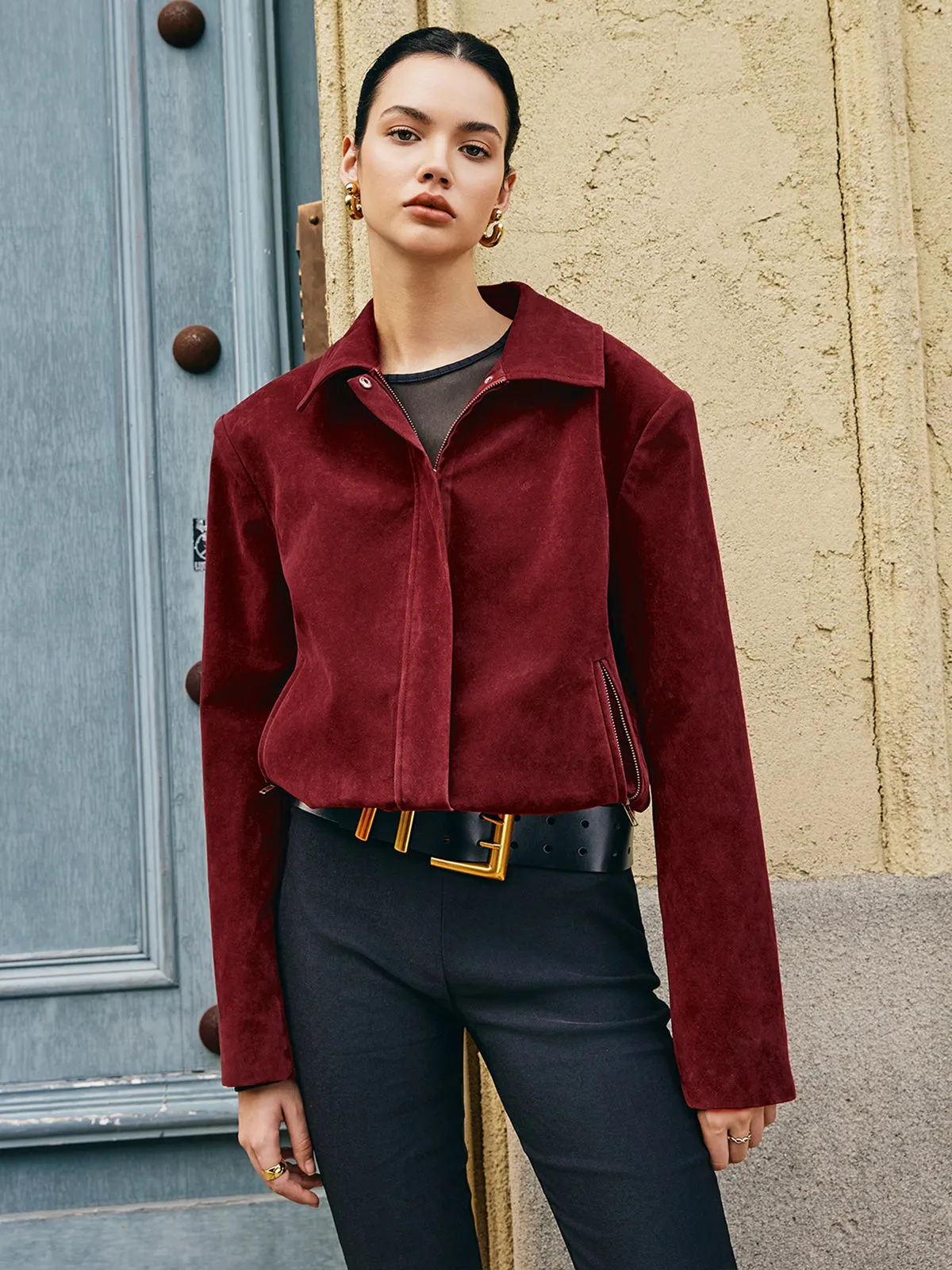 Zipper-Pockets Lapel Suede Effect Jacket sold by COMMENSE product image thumbnail 5