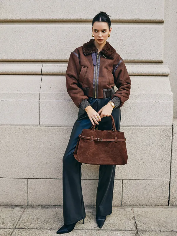 Buckle Neck Zipper Faux Leather Jacket sold by COMMENSE