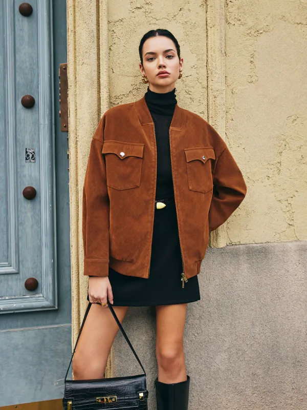 Flap-Pockets Zipper Suede Jacket sold by COMMENSE