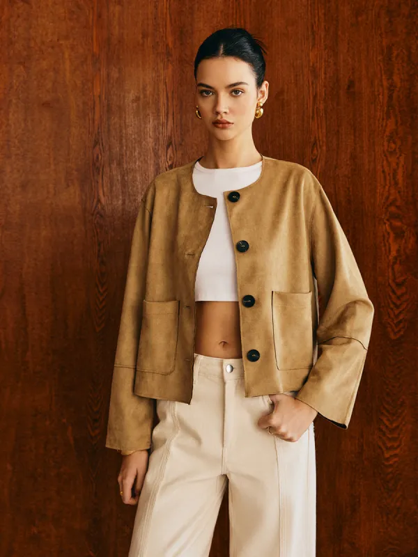 Large Pockets Breasted Suede Jacket sold by COMMENSE