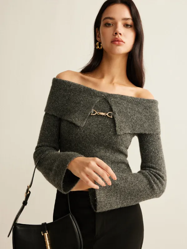 Off-Shoulder Crop Knit Top sold by COMMENSE