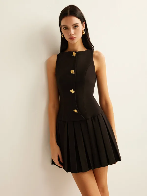 Metal-Button Pleated Tank Dress sold by COMMENSE
