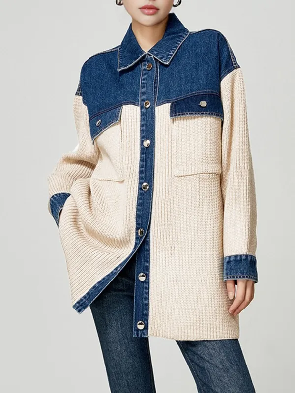Breasted Denim Panel Knit Outerwear sold by COMMENSE