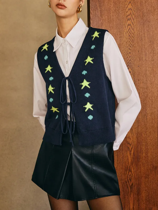Star-Pattern Lace Up Sweater Vest sold by COMMENSE