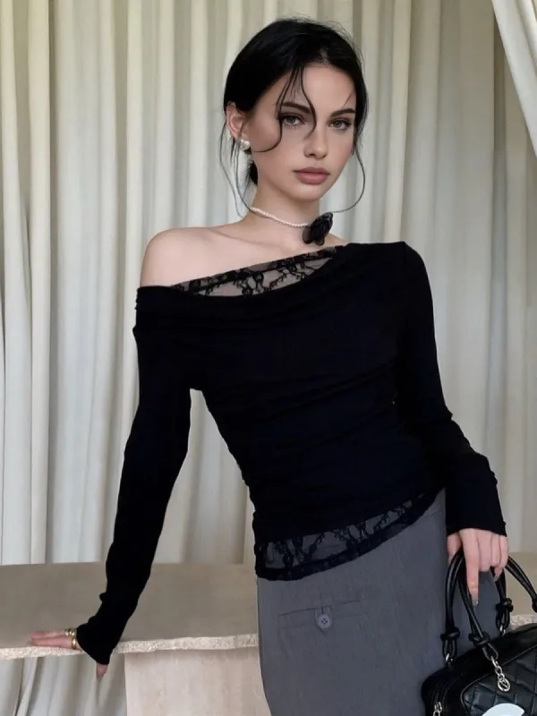 Asymmetrical Neck Lace Panel Top sold by COMMENSE
