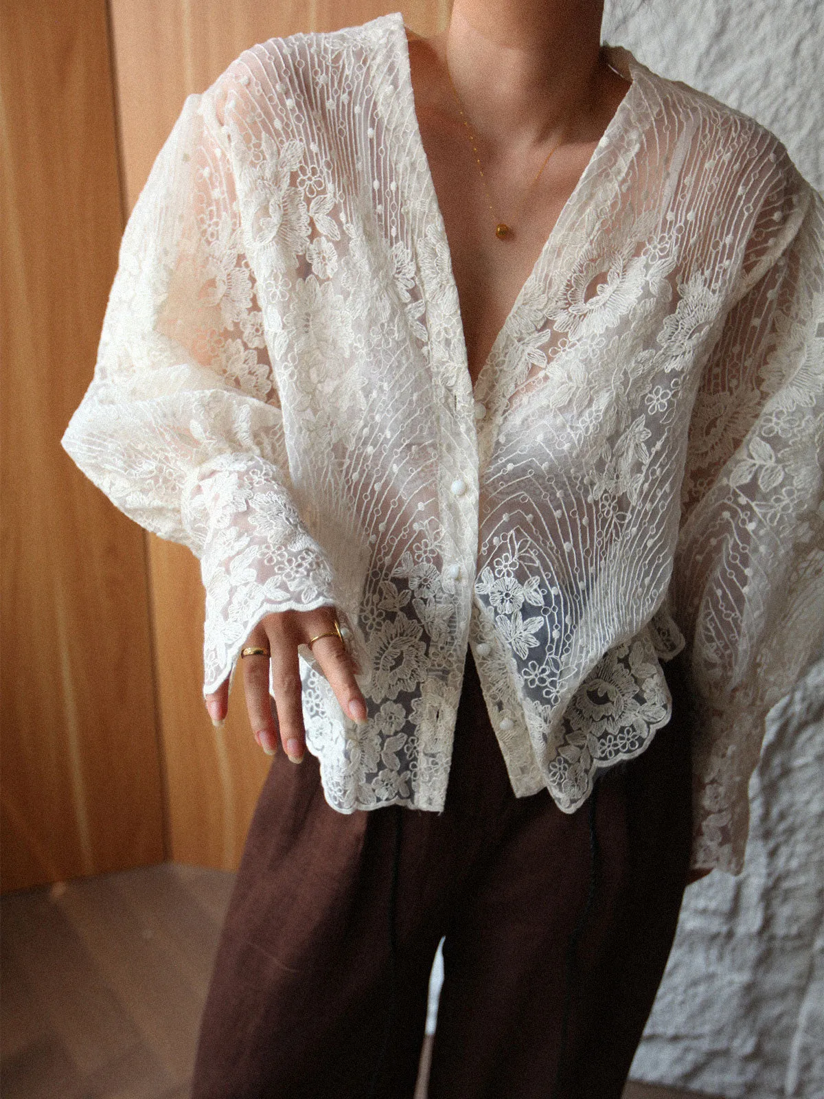 V-Neck Button Floral Sheer Shirt sold by COMMENSE product image thumbnail 3