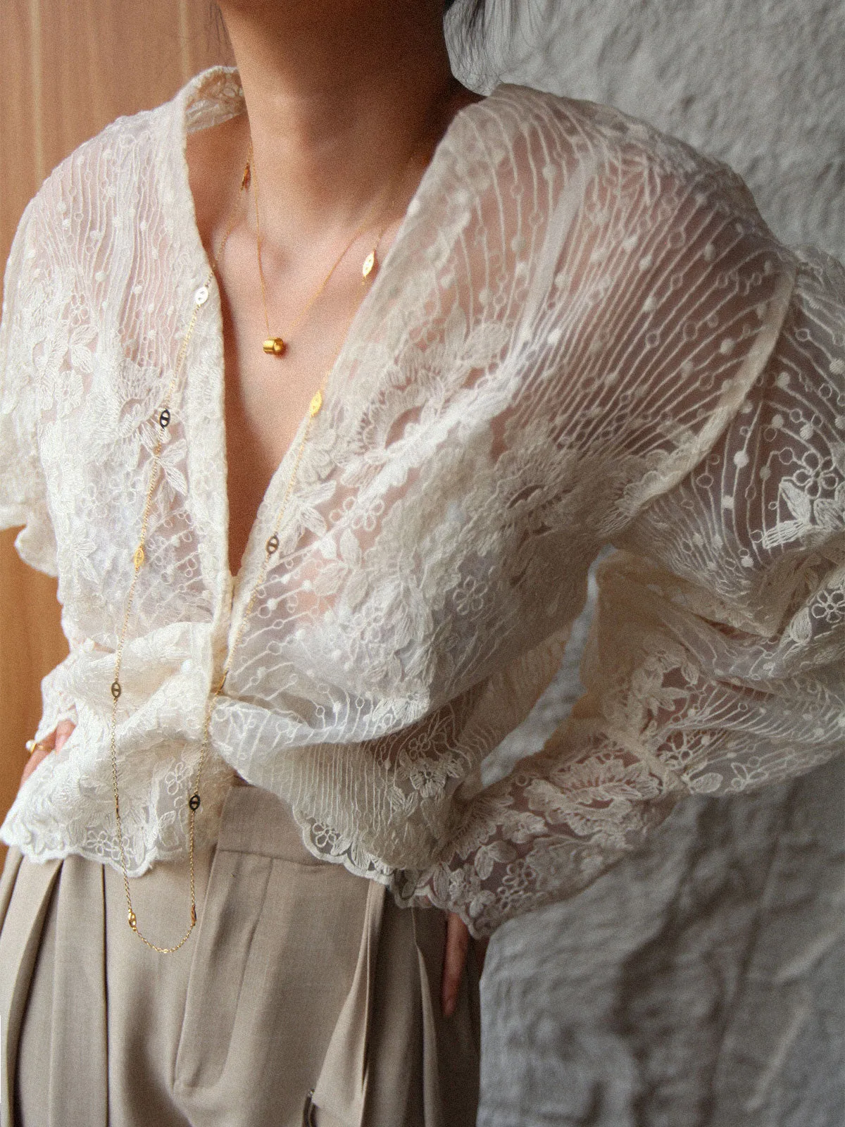 V-Neck Button Floral Sheer Shirt sold by COMMENSE product image thumbnail 4