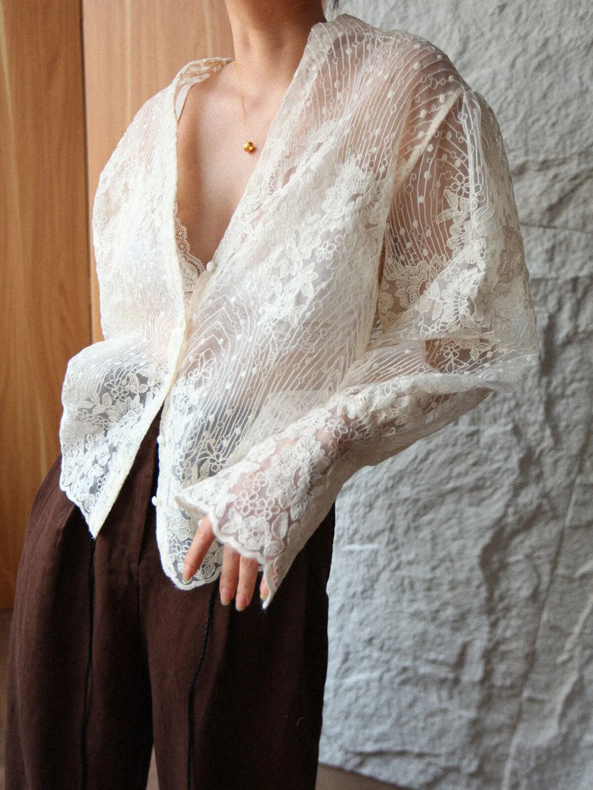V-Neck Button Floral Sheer Shirt sold by COMMENSE