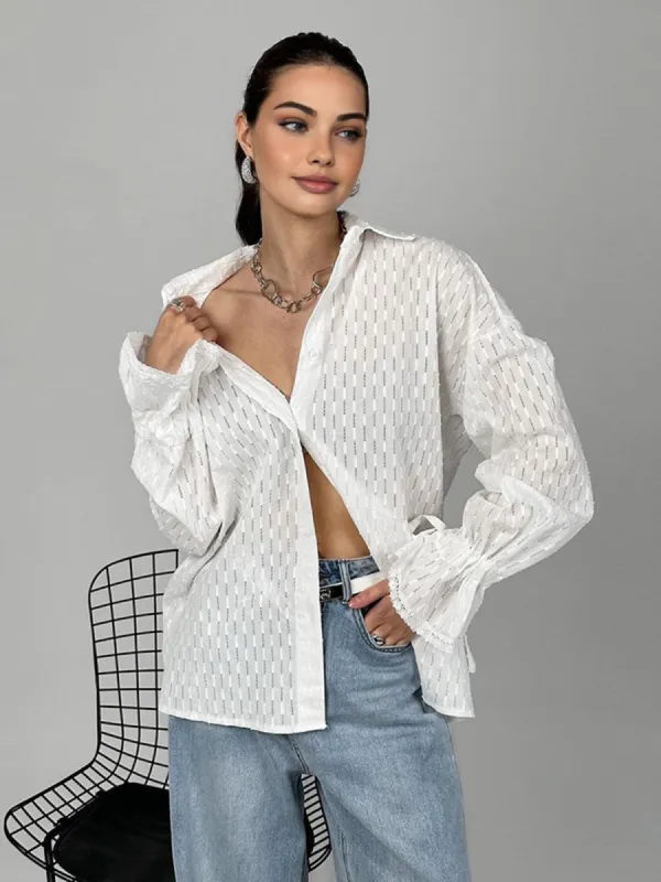 Elegant Ruffle-Cuff Polo Shirt sold by COMMENSE