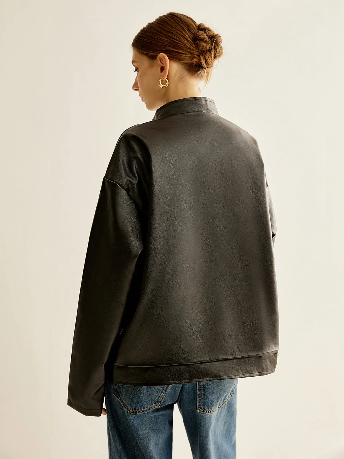 Side Contrast Striped PU Leather Jacket sold by COMMENSE product image thumbnail 5