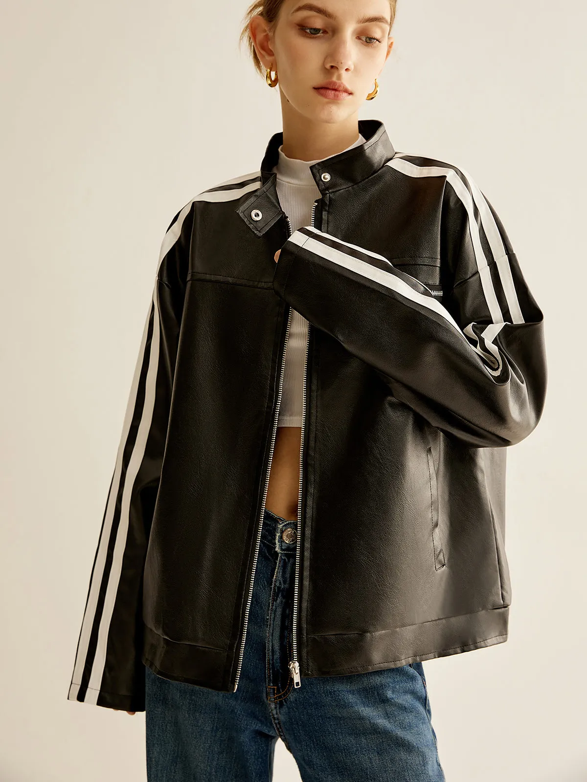 Side Contrast Striped PU Leather Jacket sold by COMMENSE product image thumbnail 3