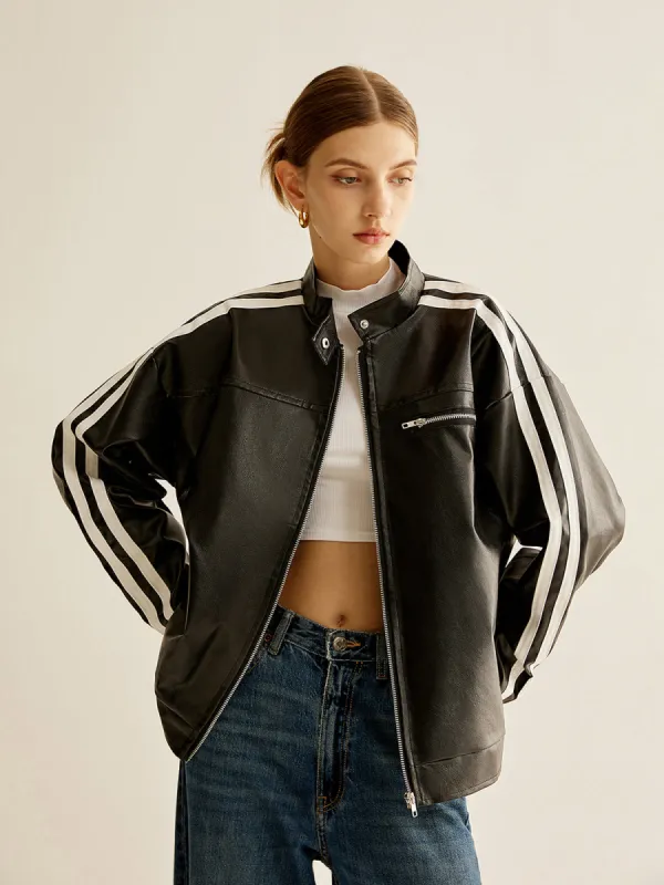 Side Contrast Striped PU Leather Jacket sold by COMMENSE