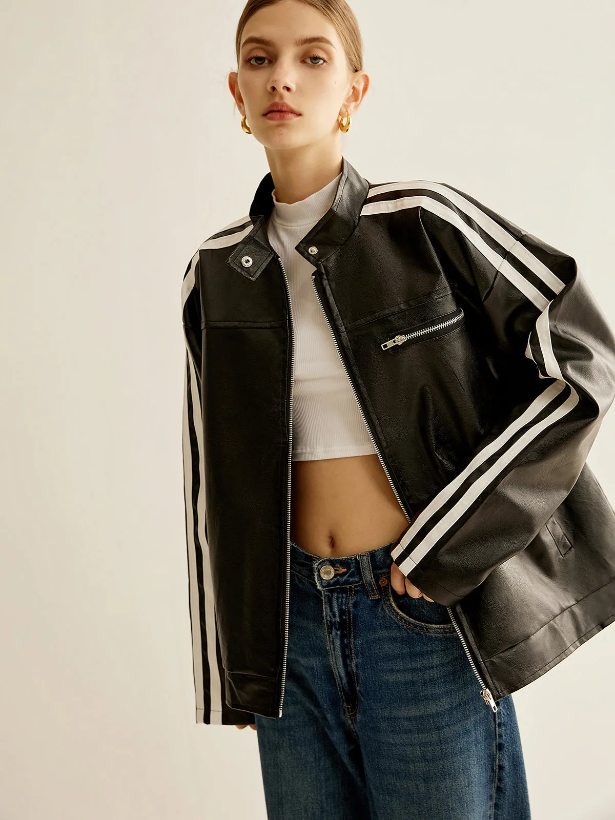Side Contrast Striped PU Leather Jacket sold by COMMENSE product image thumbnail 4