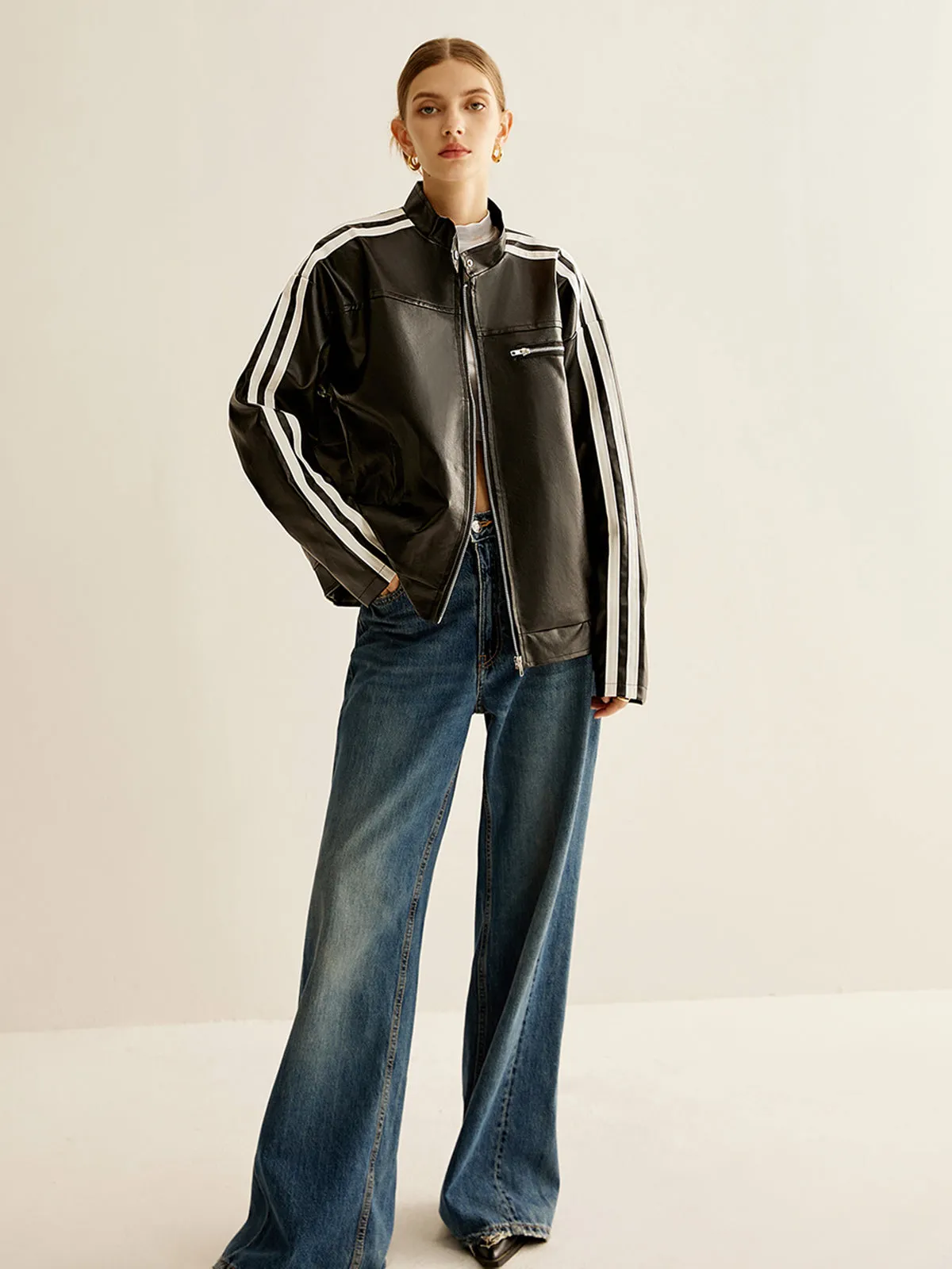 Side Contrast Striped PU Leather Jacket sold by COMMENSE product image thumbnail 2