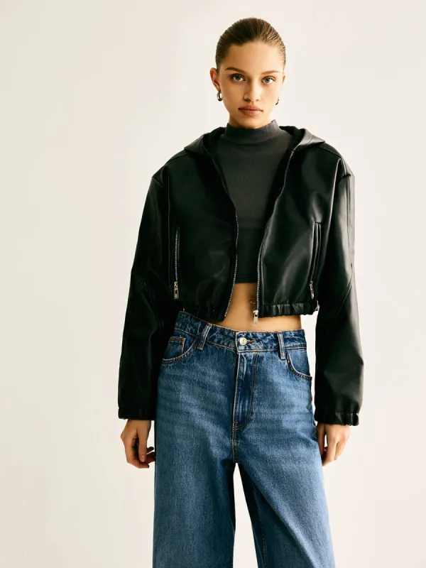 Hooded PU Leather Crop Jacket sold by COMMENSE