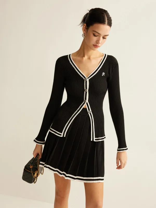 Contrast Trim Pleated Knit Skirt Set sold by COMMENSE