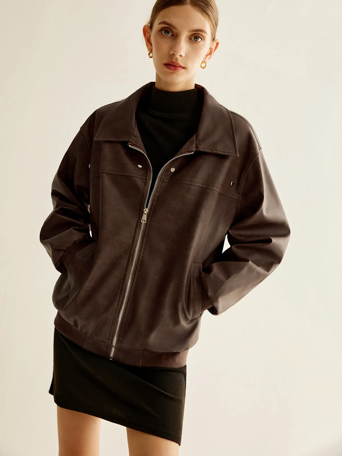 Zipper Shift PU Leather Jacket sold by COMMENSE product image thumbnail 2