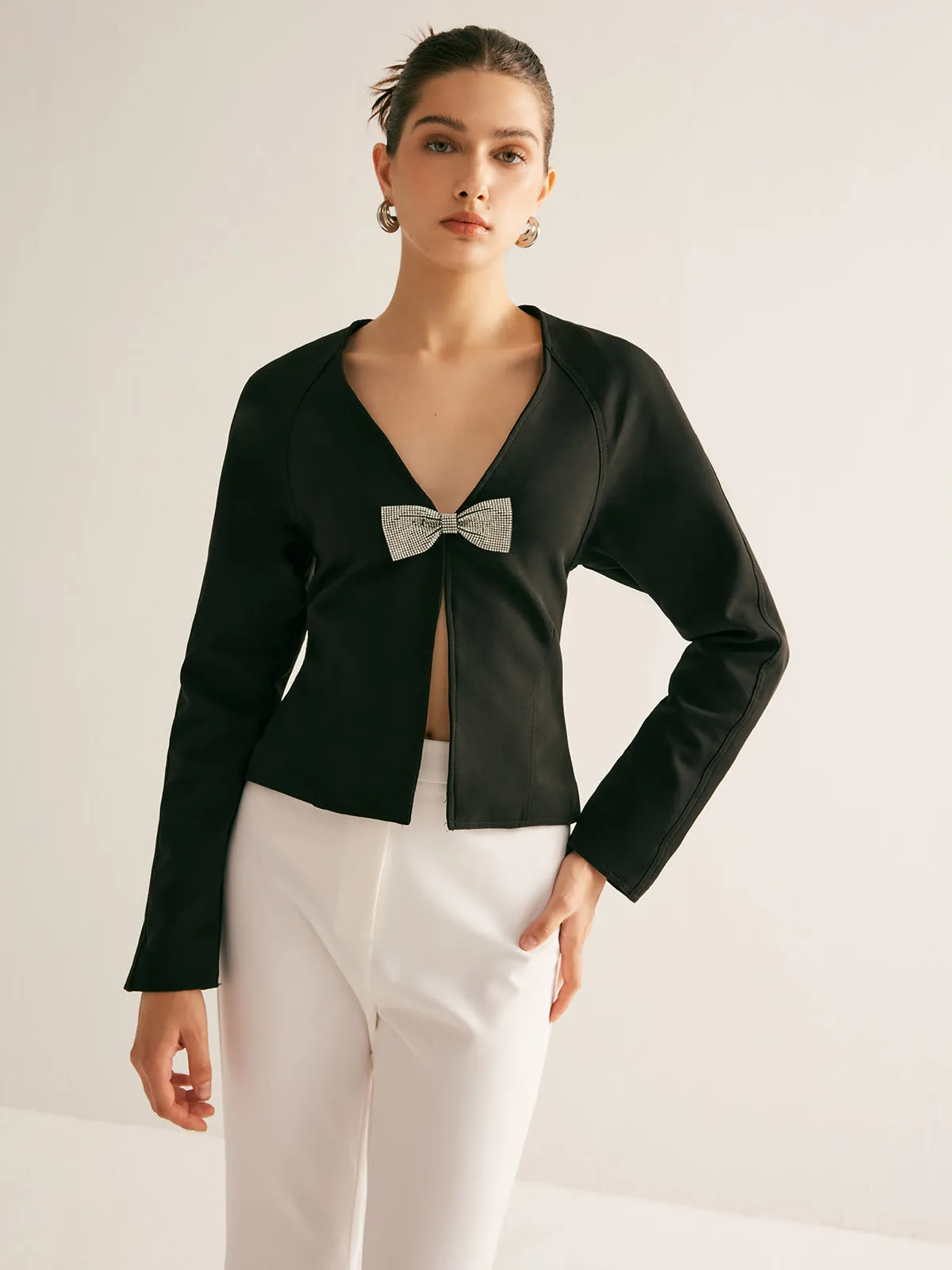 V-Neck Bow Slim Shirt sold by COMMENSE