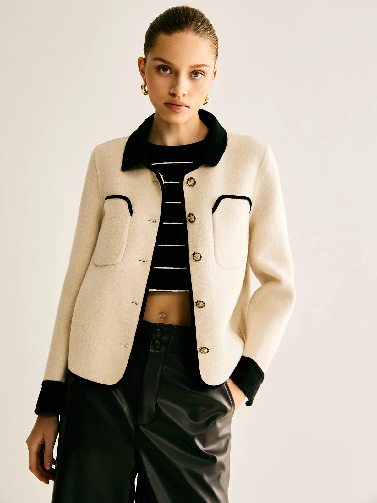 Wool-Blend Contrast Binding Blazer sold by COMMENSE