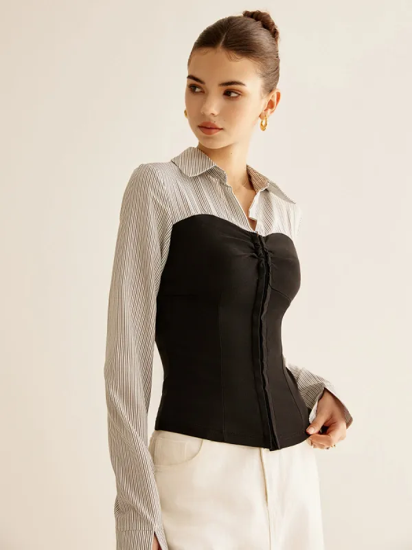 Color Block Panel Polo Blouse sold by COMMENSE