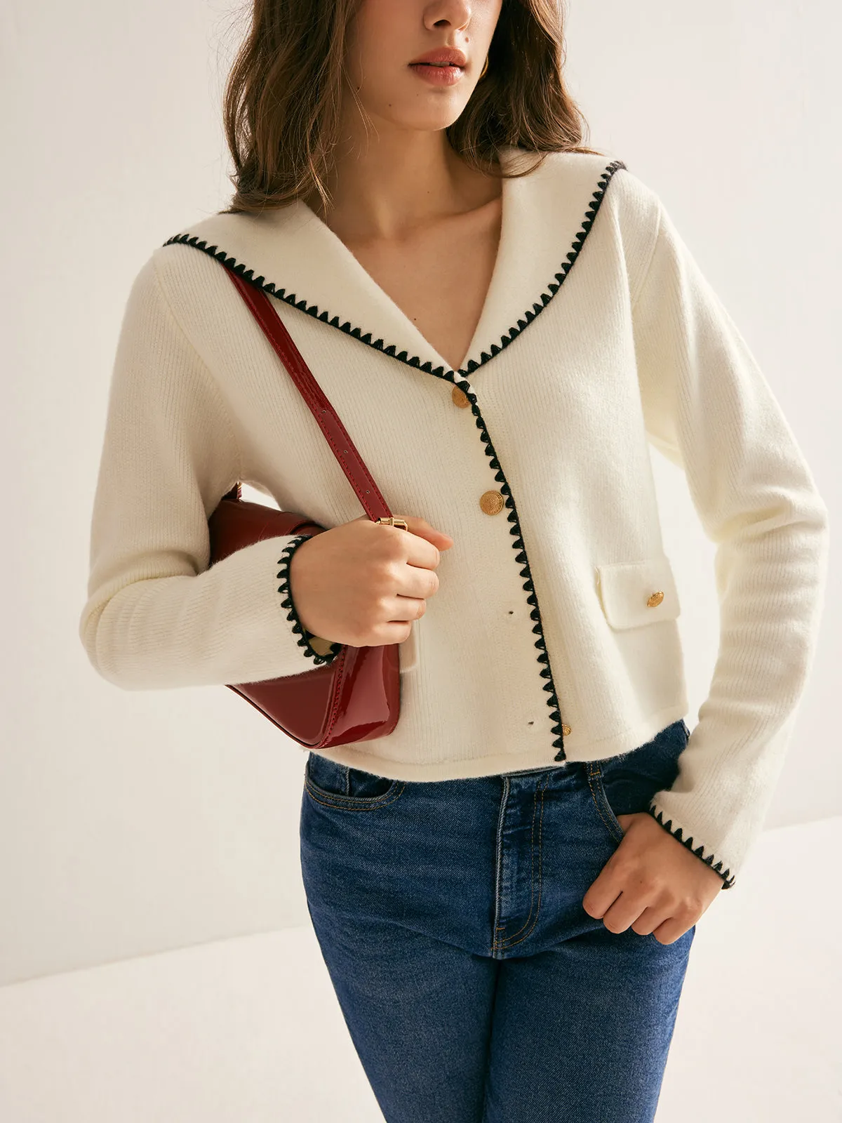 Sailor-Collar Contrast-Trim Button Cardigan sold by COMMENSE product image thumbnail 2