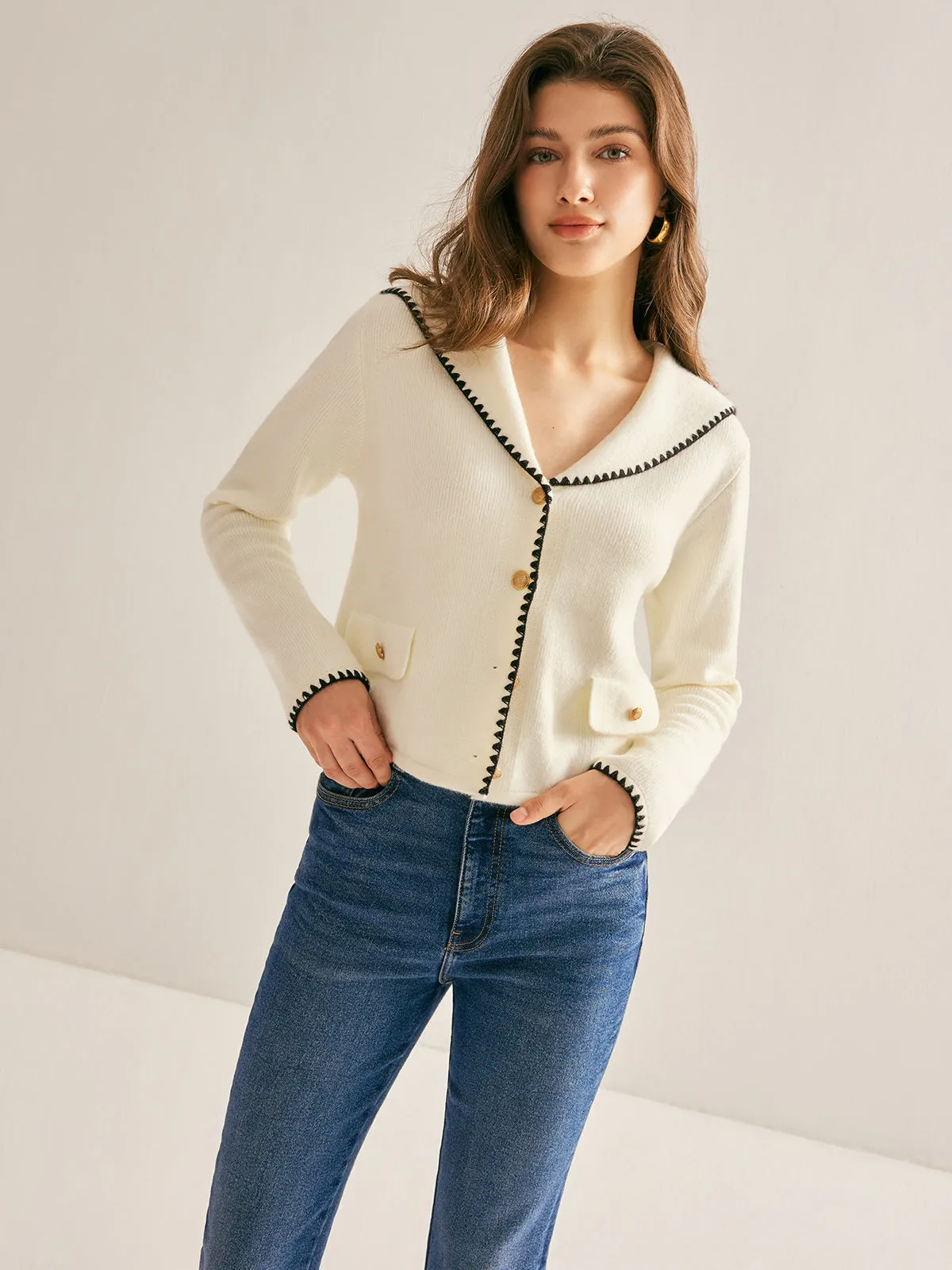 Sailor-Collar Contrast-Trim Button Cardigan sold by COMMENSE product image thumbnail 3