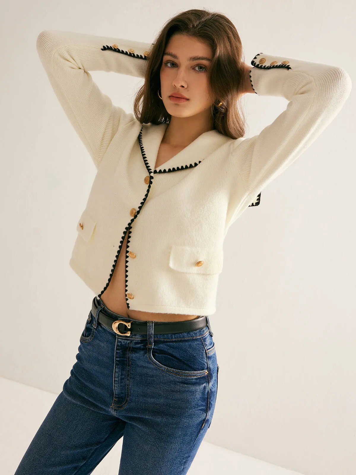 Sailor-Collar Contrast-Trim Button Cardigan sold by COMMENSE product image thumbnail 4