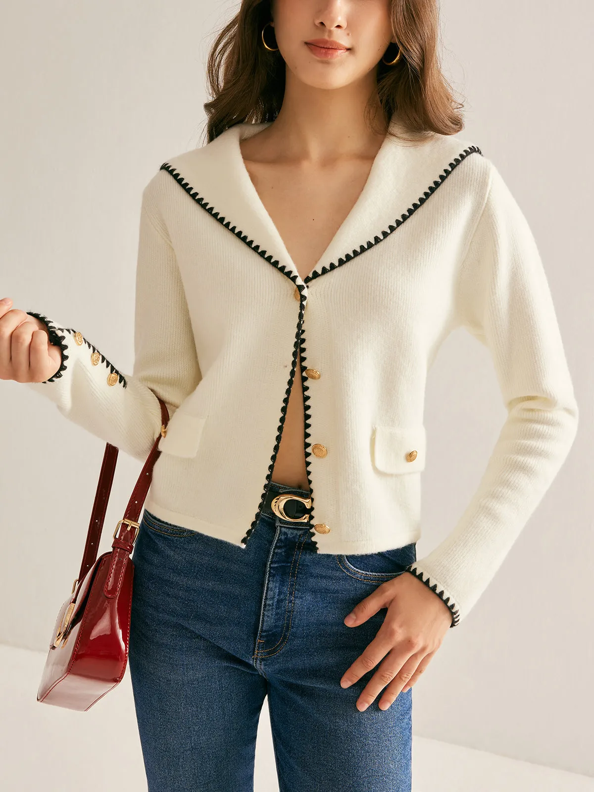 Sailor-Collar Contrast-Trim Button Cardigan sold by COMMENSE