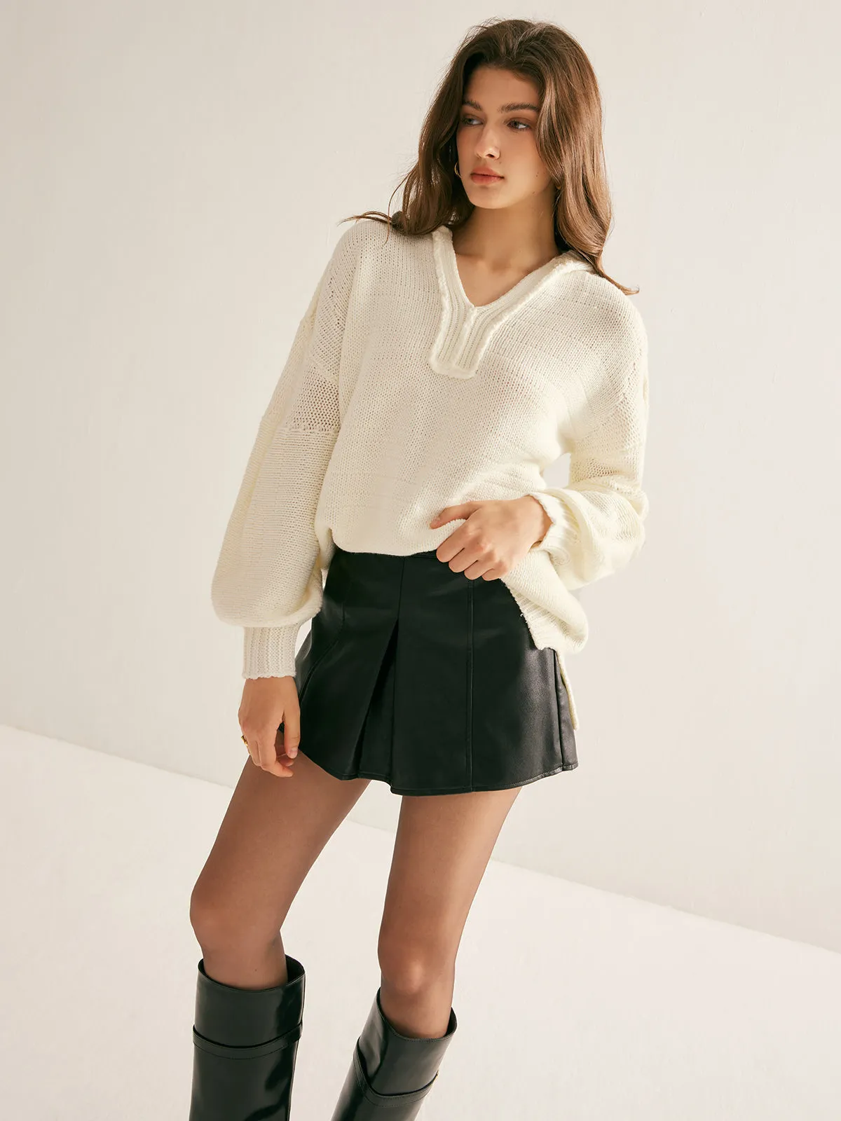 V-Neck Slit Hooded Sweater sold by COMMENSE