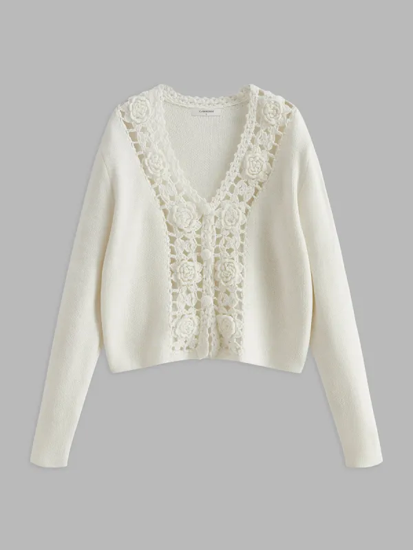 V-Neck Floral-Crochet Sweater sold by COMMENSE