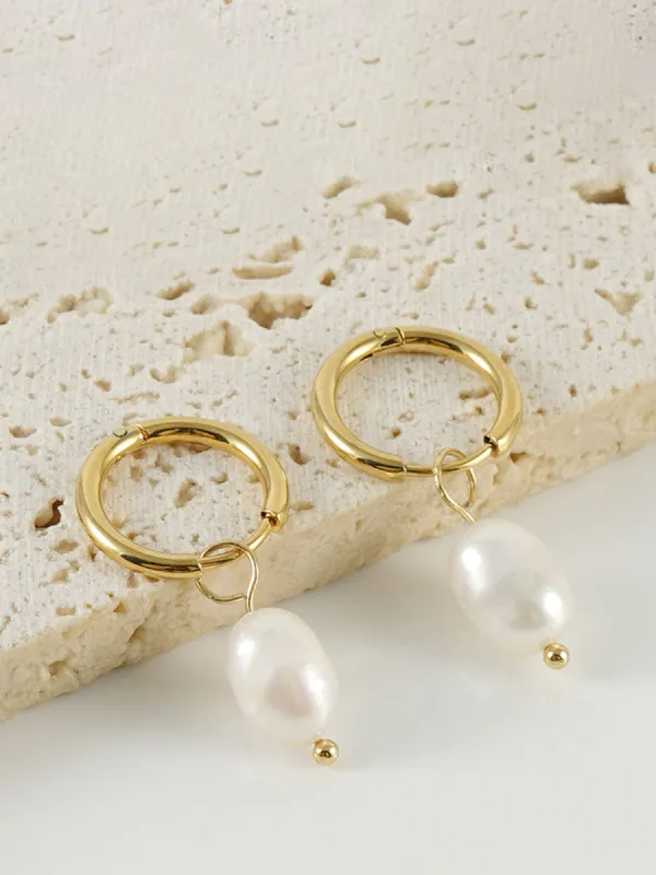 Hoop-Ring Pearl Drop Earrings sold by COMMENSE