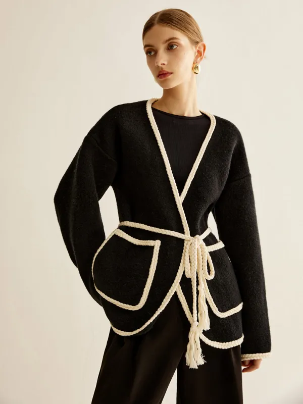 Contrast Binding Belted Pockets Sweater sold by COMMENSE