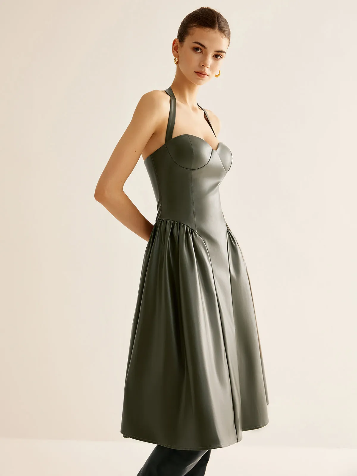 Pleated PU Leather Cami Dress sold by COMMENSE product image thumbnail 3